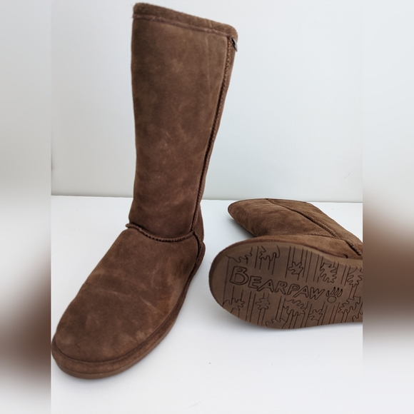BEARPAW Emma Brown Suede Tall Boots Slip On Sheepskin Women Sz 8 Flat Heel MINT - Picture 10 of 15
